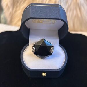 KCA Black Hexagon Gemstone Silver Ring with side Diamonds. Size 7